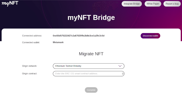 Screenshot of MyNFT Bridge web app