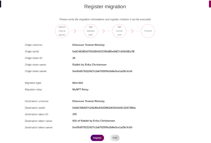 Screenshot of MyNFT Bridge web app in progress; first step