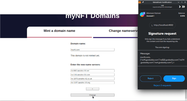 Name server edit for a domain name already under an NFT format