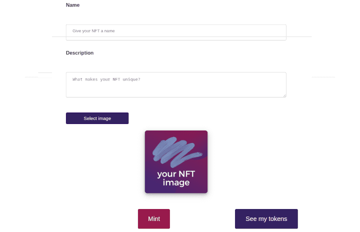 Form to mint a new NFT