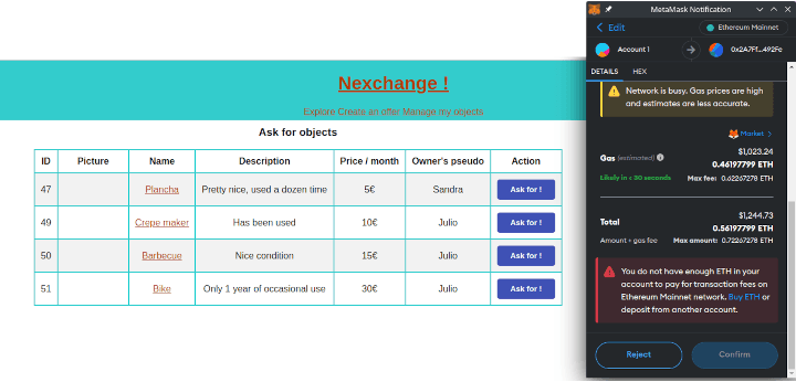 Metamask confirmation request for transaction on Nexchange