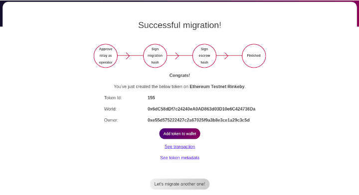 Screenshot of MyNFT Bridge web app success;