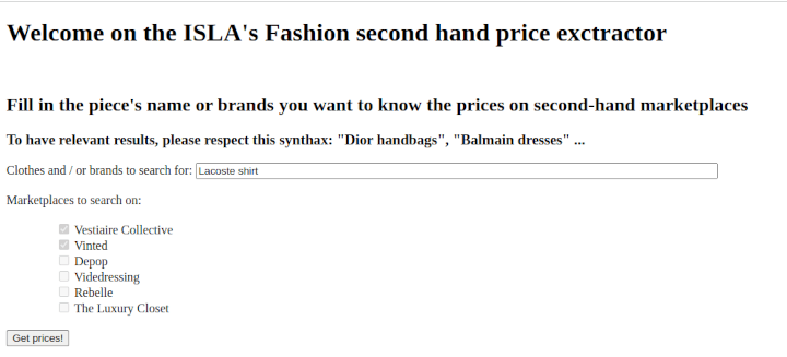 Web application to scrape prices from second hand garments on several marketplaces